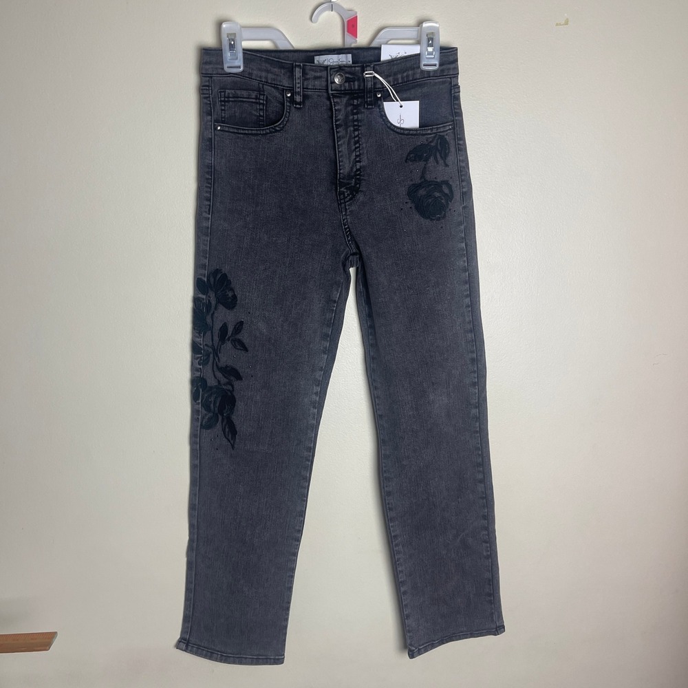 Jessica Simpson High Rise Slim Straight Jeans Black Floral Embroidered Size 4
